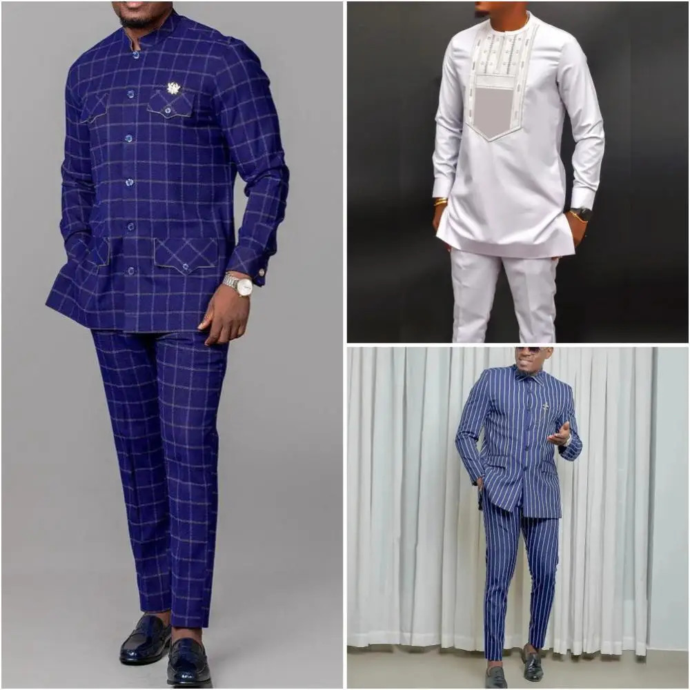 Men Suits For Wedding Stand Collar Plaid Long Sleeve Shirt Pants African Ethnic Business 2Piece Sets Man Clothing Outfits Wear 240419