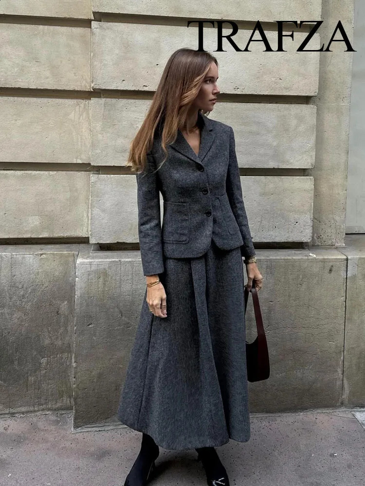 TRAFZA Autumn Women Fashion Sets Solid V Neck Tight Blazer A Line Loose Comfortable Minimalism Style Female Long Skirt 241121
