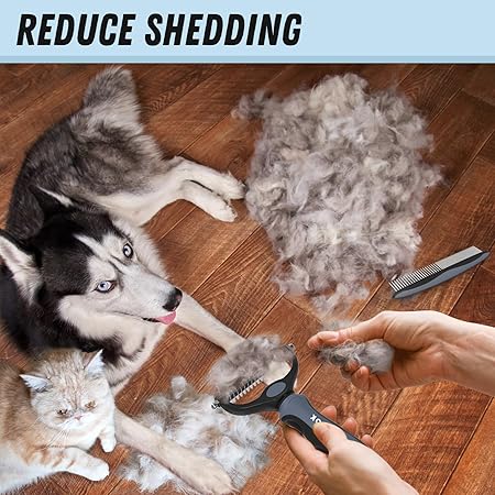 Docrok Pet Grooming Brush and Metal Comb Combo - Undercoat Rake for Dematting and Deshedding Long Matted Haired Dogs and Cats