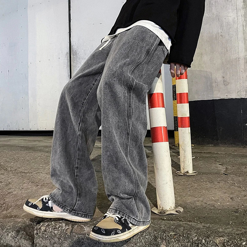 Korean Fashion Loose Jeans Classic Straight Baggy Wide Leg Trousers Street Hip Hop Pants 3XL Black Grey Blue 240415