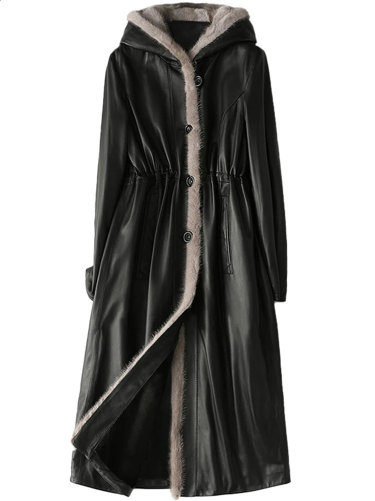 Lautaro Winter Long Warm Thick Black Leather Coat Womens Inner Fur Elegant Faux Fur Lining Jacket Parka Fashion 241120