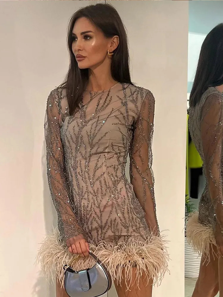 Feather Sequins Partywear Mini Dresses Women Elegant Mesh Sheer Sequined Long Sleeve Dress Lady Club Evening Vestidos 241122