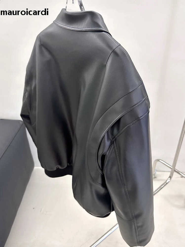 Mauroicardi Spring Autumn Cool Oversized Thickened Warm Black Soft Pu Leather Jacket Men Shoulder Pads ner Clothes 241122