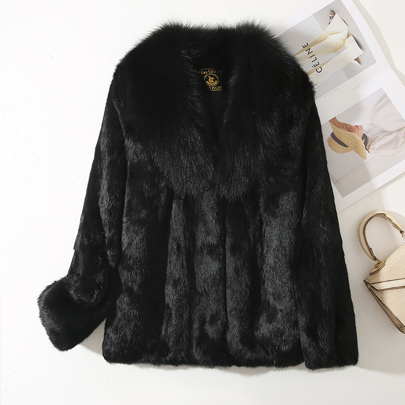 Full fur rabbit fur coat, pure 100% real coat, paired with a natural fox collar jacket