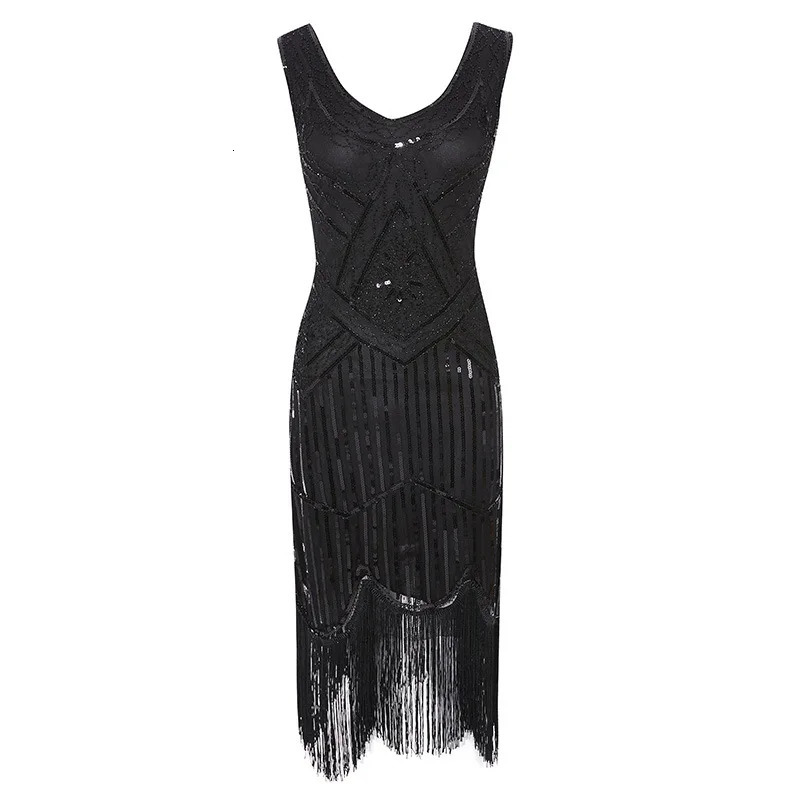 Women Party Dress 1920 s Great Gatsby Flapper Vestidos Sequin Bead Fringe Dress Evening V Neck Embellished Fringed Sleeveless 240420