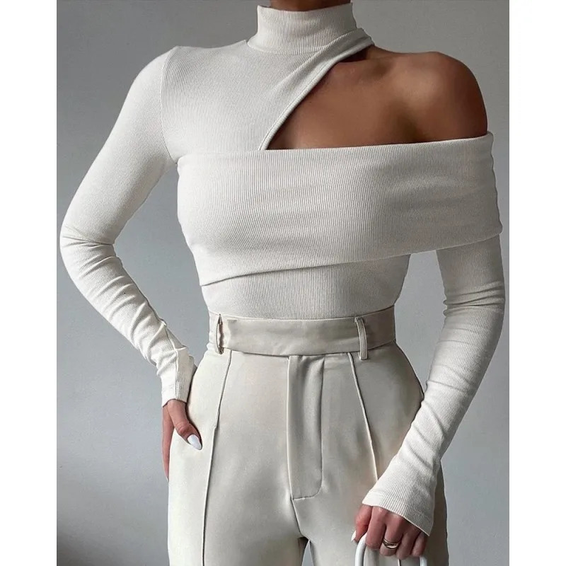 High-Collar Hollow-Shoulder T-Shirt Women Fall Winter Long Sleeve Knitted Pullover Tops Chic Slim Fit Solid Color Tees 240422