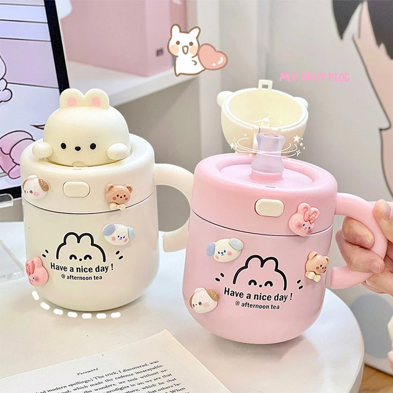Kawaii Bear Thermal Mug Insulated Coffee Tumbler For Cold Drinks Water Tea Large Thermos Stainless Steel Cup With Straw Lid 241121