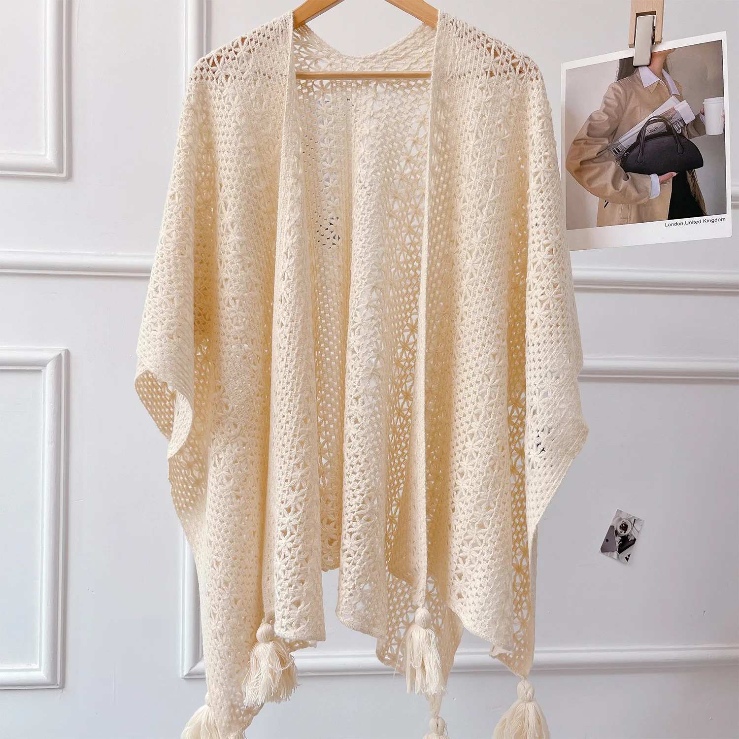 Poncho Cloak Ethnic Style Tourism Holiday Outwear Pography Knitted Tassel Split Shawl for Women Capes Lady Spring Coat 240419