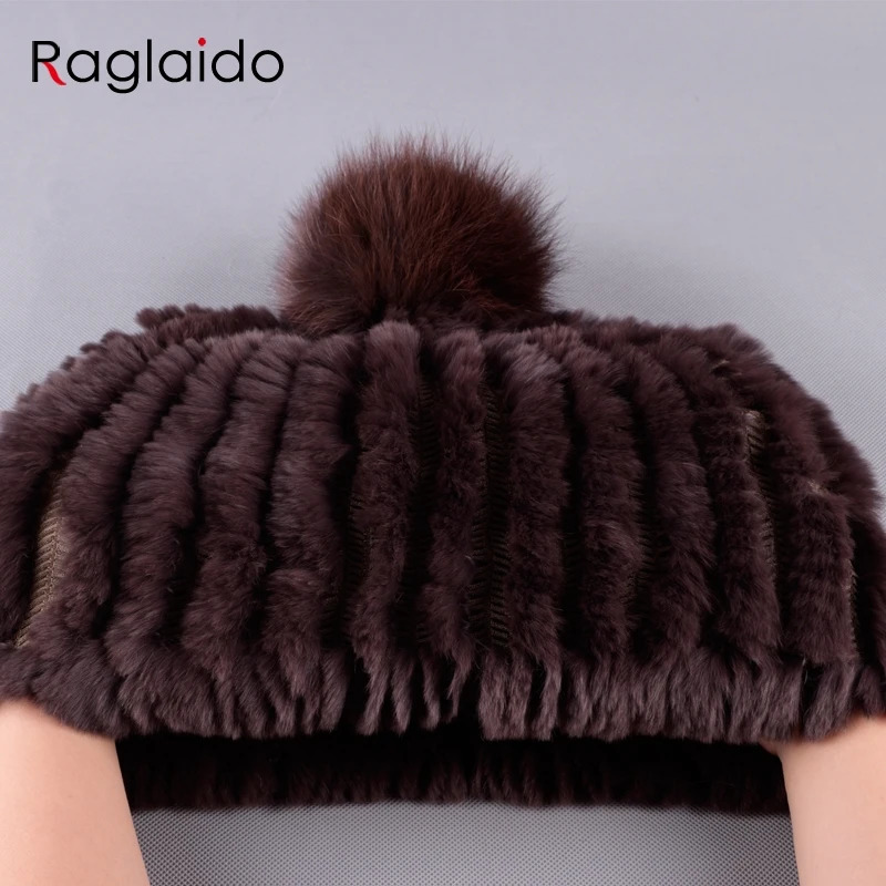 Knitted Pompom Hats for Women Beanies Solid Elastic Rex Rabbit Fur Caps Winter Hat Skullies Fashion Real Fur Hats 241122