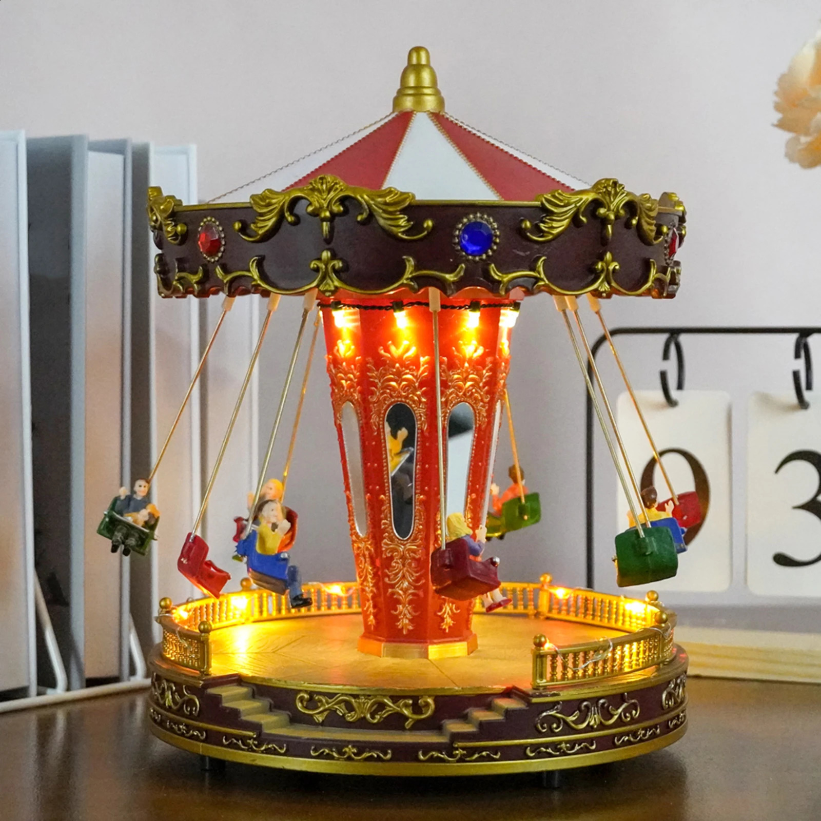 Rotatable LED Christmas Carousel Statue Music Box Decoration Table Centerpiece for Birthday Valentines Day Children Xmas Gifts 241121