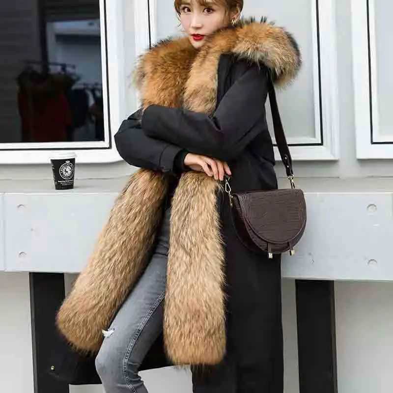 New winter 2024 Kn long hooded loose ultra-thin womens raccoon fur coat with detachable fur lining warm and casual womens coat 5XL W241122
