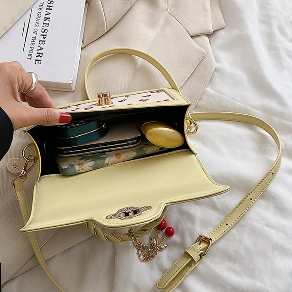 New Women s Cherry Pattern Sweet Chain Slant PU Leather Fashion Handbag Women s High trend Quality Designer leisure Small Shoulder Square Bag