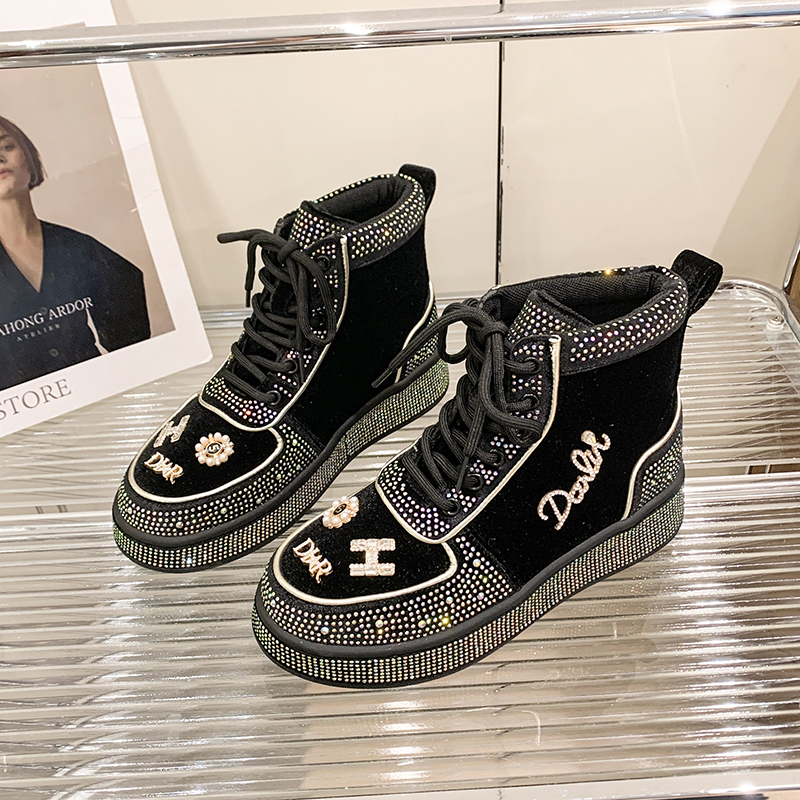 Luxury Diamond Shoes Designer Flat Shoes Fashion Women's Casual Shoes Shining Casual Thick soled sneakers High quality suede women's boots Z