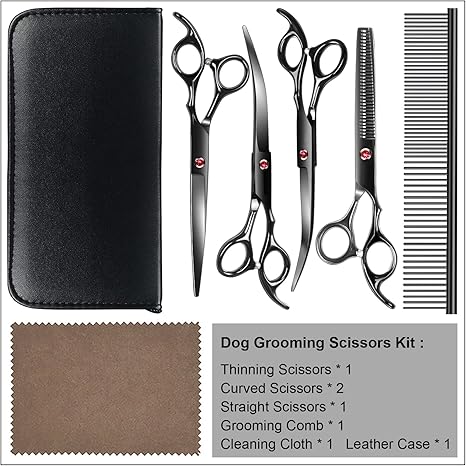TINMARDA Professional Dog Grooming Scissors Kit, Titanium Coated Dog Scissors for Grooming, 5 in1 Grooming Shears Kit for Dogs Cat Pet At Home