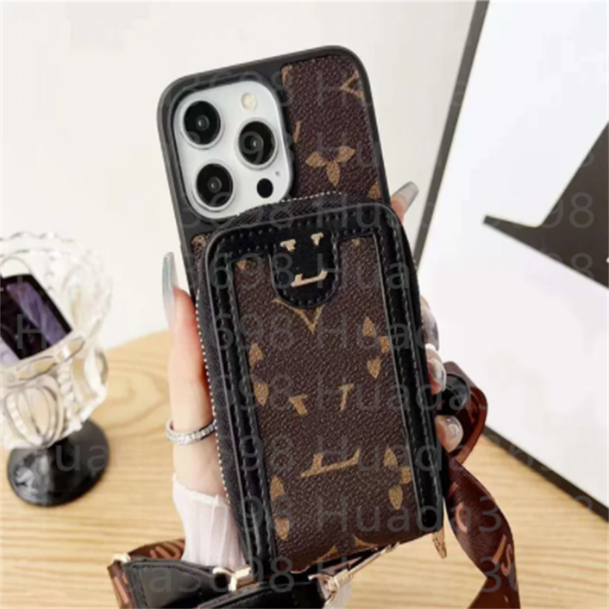 Case for iPhone 16 Pro Max Leather, 16 15 14 Plus 13 12 11 Pro Designer Phone Case Wallet Luxury Handheld Rope Card Slot Phone Case Cross Body Strap Shockproof Phone Cover