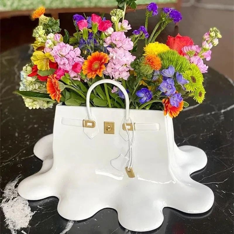 High quality silver resin flower vase bag for home decoration aesthetics room decoration wedding desktop decoration living room large bag vase 241121