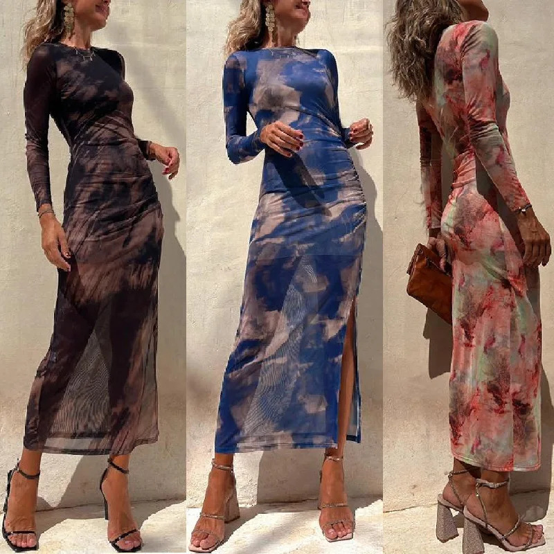 Tie Dye Printed Mesh See-through Maxi Dresses For Women Sexy Slim Slit Party Evening Dress Spring Fashion Club Vestidos 240420