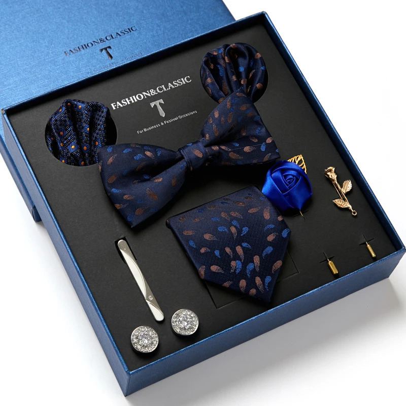Holiday Gift Box Tie For Men 7.5 cmTie Hanky Pocket Squares Cufflink Set Bow Tie Clip Necktie Box Purple hombre Geometric Office 240412