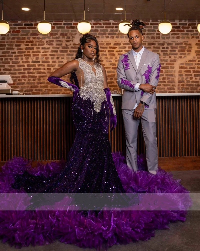 New Purple Diamonds Prom Dress With Two Gloves Glitter Bead Crystal Rhinestones Tassels Sequins Gown Birthday Party Gowns