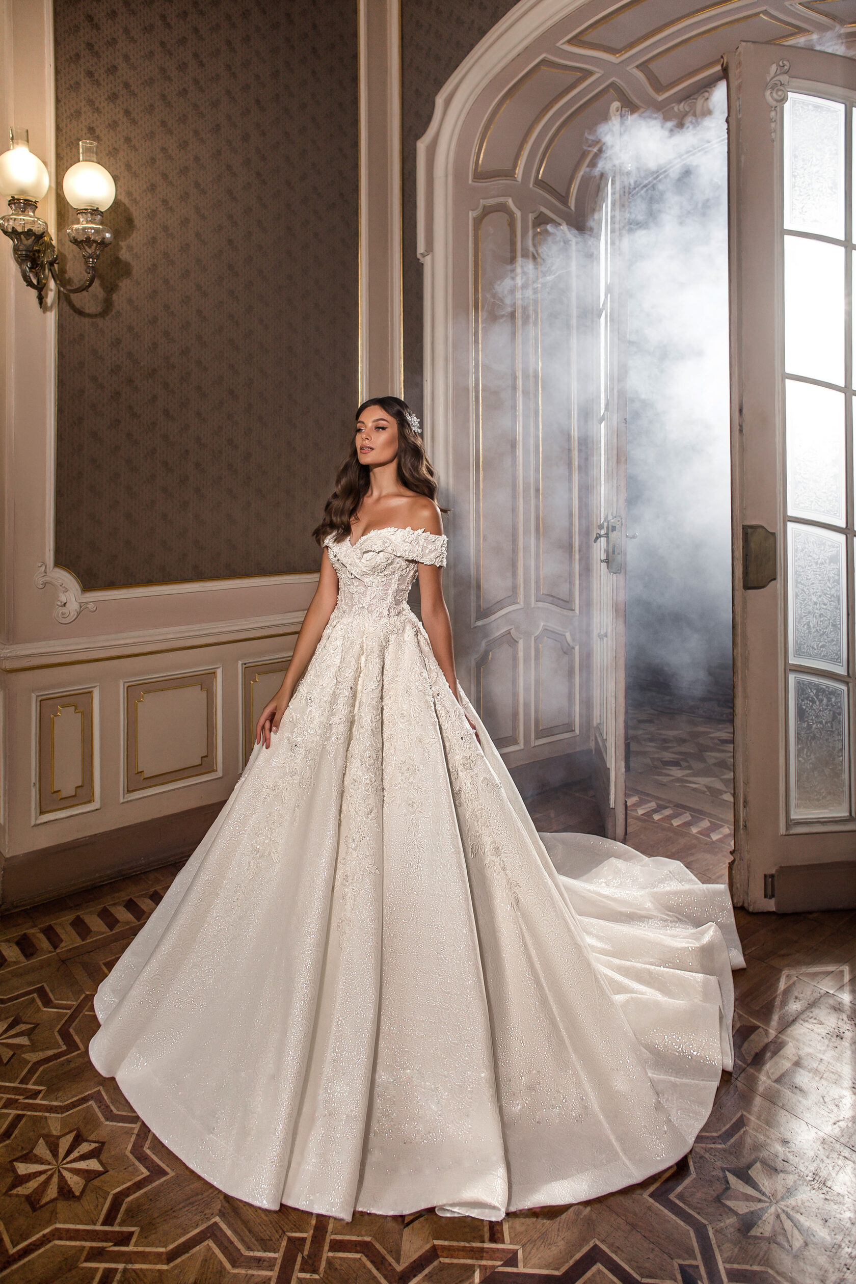 Beading Pearls And 3D Flowers Lace Ball Gown Wedding Dress Off Shoulder short Sleeves Shiny princess Bridal Gowns 2024