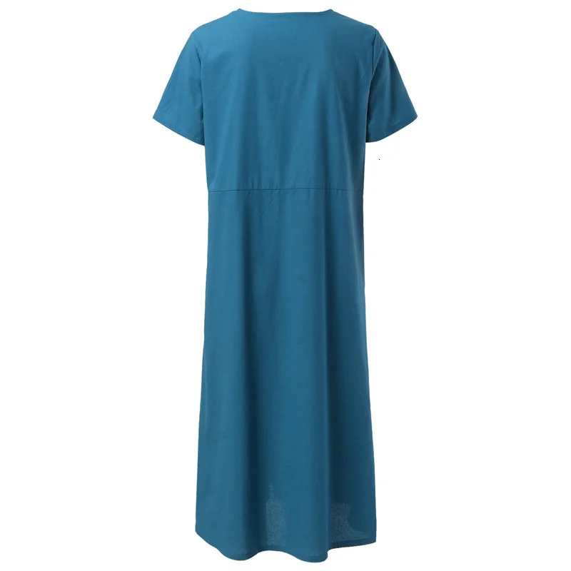 Singlebreasted Cardigan V Neck Solid Color Dresse Double Pockets Short Sleeve Gown Vintage Loose Cotton Linen Dress 2024 240419