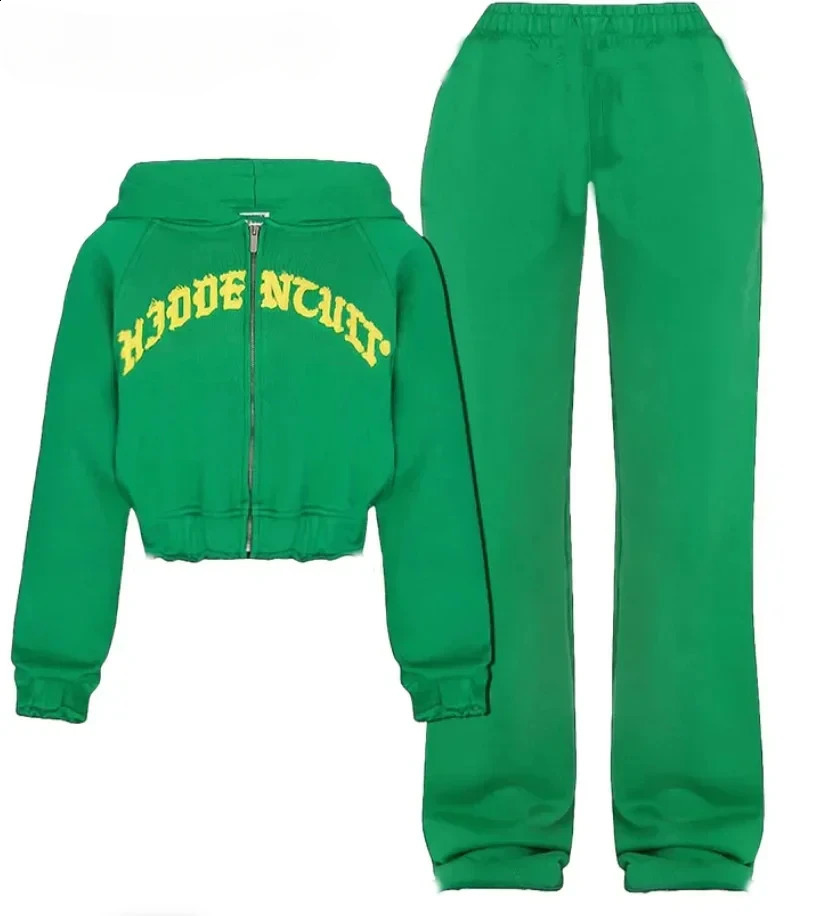 Women 2 Piece Sets Cropped Hoodies Sweatpant Casual Long Sleeve Zipper Jackets Print Hip Hop Sweatshirts Sport Y2K Tracksuit 241121