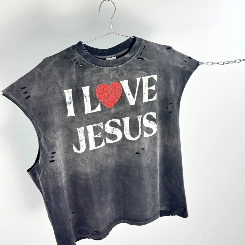 Fashion Retro Vintage Cotton Vest Streetwear Oversize Tops Men Clothing Simple Letter Graphics Print T Shirt For Men