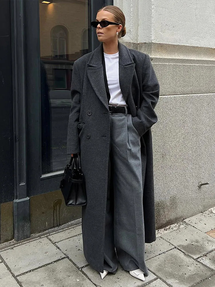 Elegant womens wool coat with double chest and lapel pockets long coat for autumn and winter womens streetwear oversized coat 241121