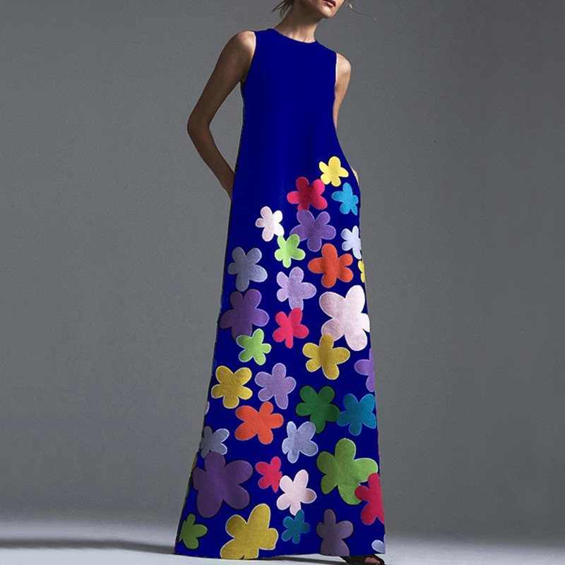 Casual Beach Vacation Dress Summer Fashion Flower Print High Waist Oneck Sleeveless Patchwork Long Vestidos 240411