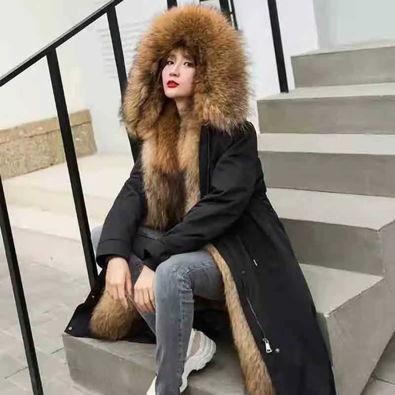 New winter 2024 Kn long hooded loose ultra-thin womens raccoon fur coat with detachable fur lining warm and casual womens coat 5XL W241122