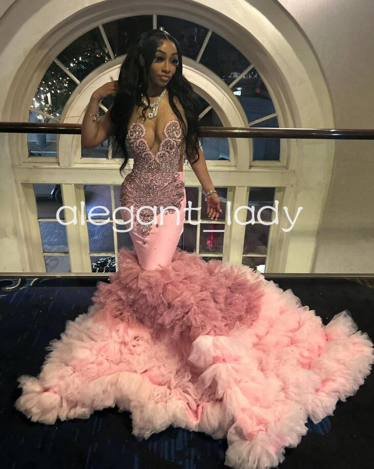 Rose Pink Sparkly Long Evening Birthday Gala Dresses for Black Girl 2024 Luxury Diamond Crystal Mermaid Prom Ceremony Dress