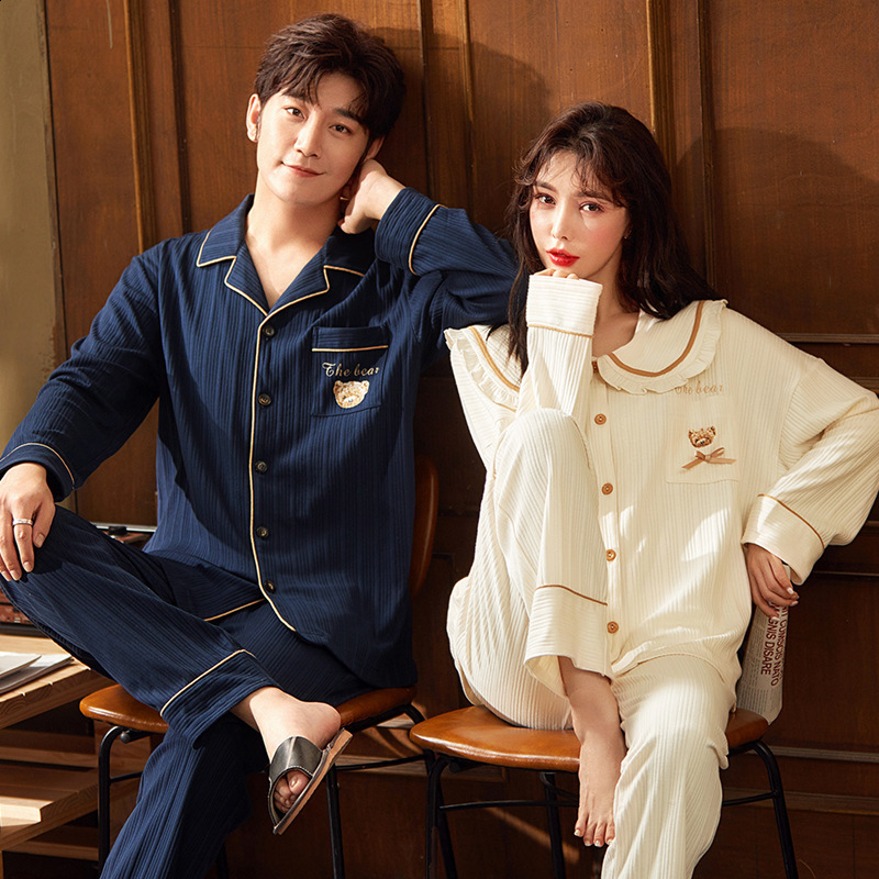 Couples Pajamas in Spring and Autumn Womens Autumn Cotton Mens Home Wear Long Sleeve Pants Set Cardigan Front Button Collar Casual Home 210812