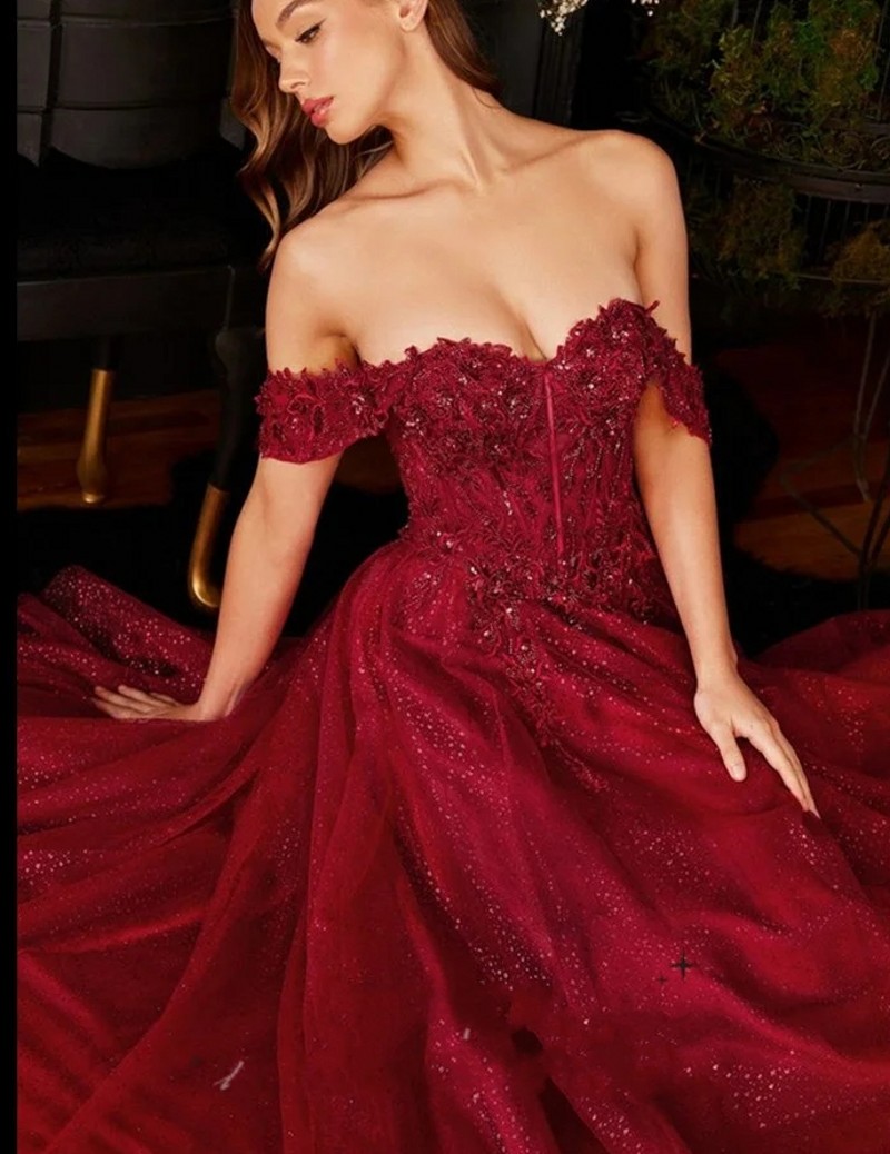 Sweet Dark Red A-line Prom Dress 2024 Off Shoulder Shiny Lace Appliques Embroid Side Split Formal Birthday Evening Gala Gowns Robe De Soiree