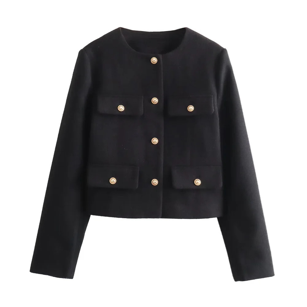 UNIZERA Winter Product Womens Fashion and Casual Versatile Round Neck Flip Decoration Short Suit Coat 240407