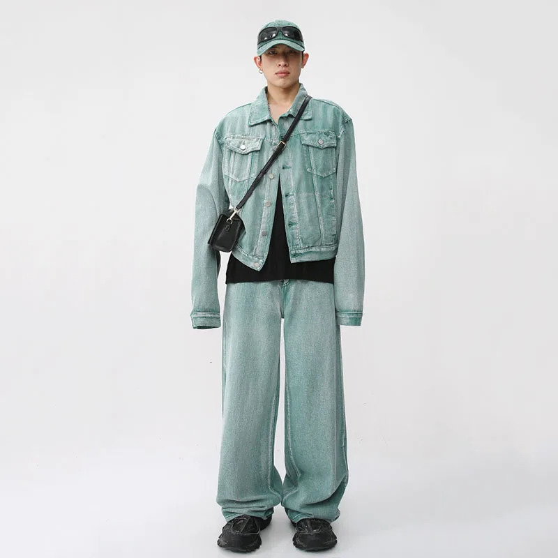 IEFB Trendy Male Solid Color Suits Two-piece Casual Denim Set Korean Fashion Single Breasted Jacket Straight Jeans 9A8069 240415