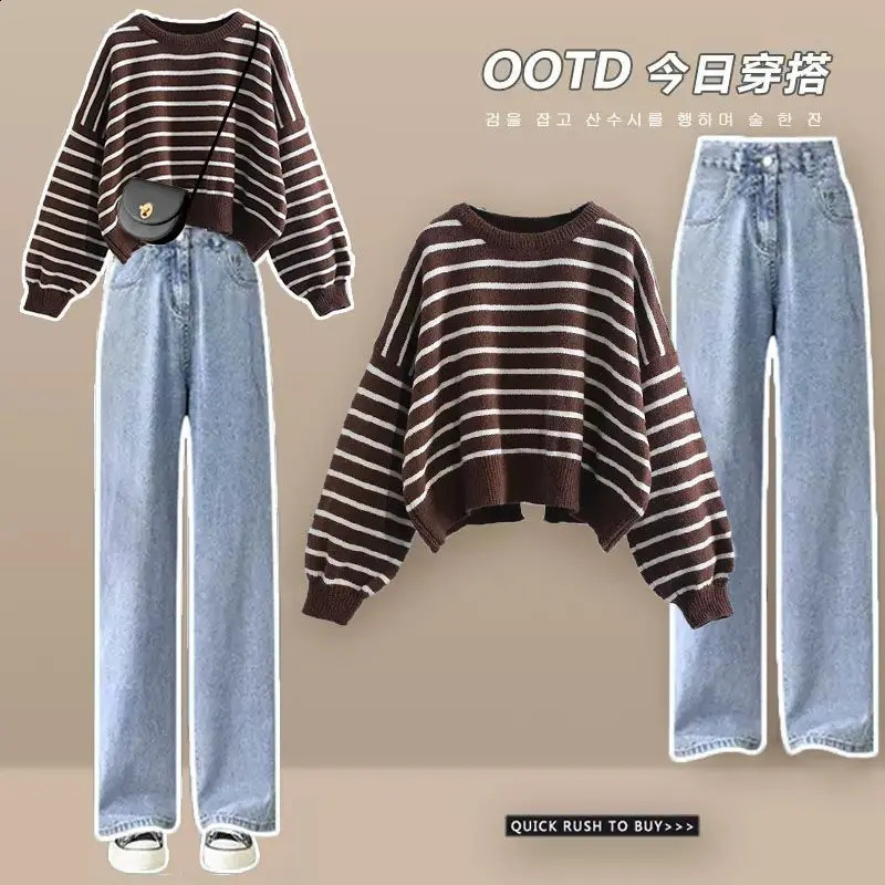 AutumnWinter Womens Set Korean Loose Knitted SweaterHigh Waist Wide Leg Jeans Two Piece Trendy 241121