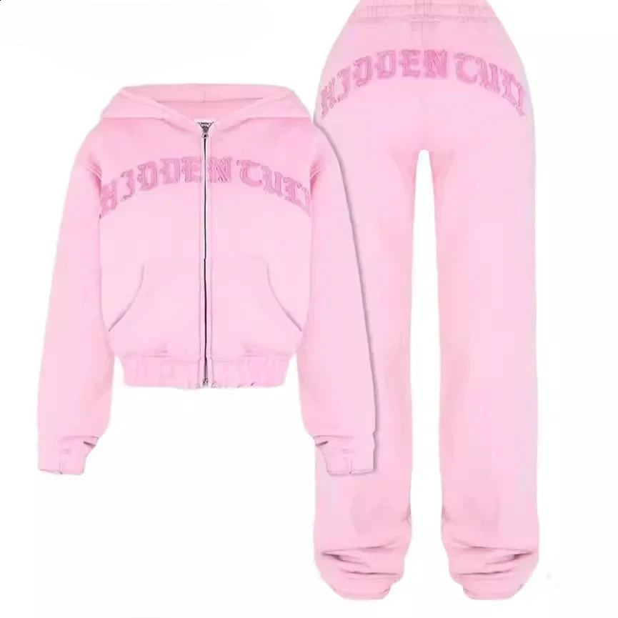 Women 2 Piece Sets Cropped Hoodies Sweatpant Casual Long Sleeve Zipper Jackets Print Hip Hop Sweatshirts Sport Y2K Tracksuit 241121