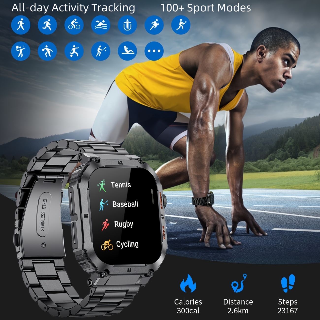 Men's Smartwatch 1.96-inch IPS Large Screen 400mAh Long Battery Life Fitness Step Card Tracker, Suitable for Android IPhone Smartwatch