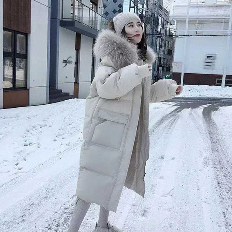 Winter down cotton jacket womens winter hooded faux fur collar coat warm park chiffon coat extra long winter jacket C363 W241122