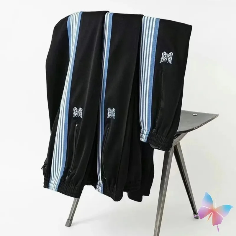 1 1 Quality Needles Jacket Set Embroidered Butterfly Side Stripes Zipper Coat Casual Loose Pants High Street Men Women Tracksuit 240420