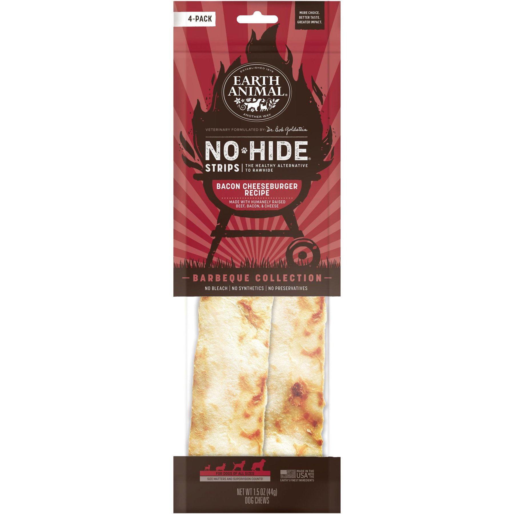 Earth Animal No-Hide Strips Natural Rawhide Alternative Barbeque Bacon Cheeseburger Recipe Chew Dog Treat