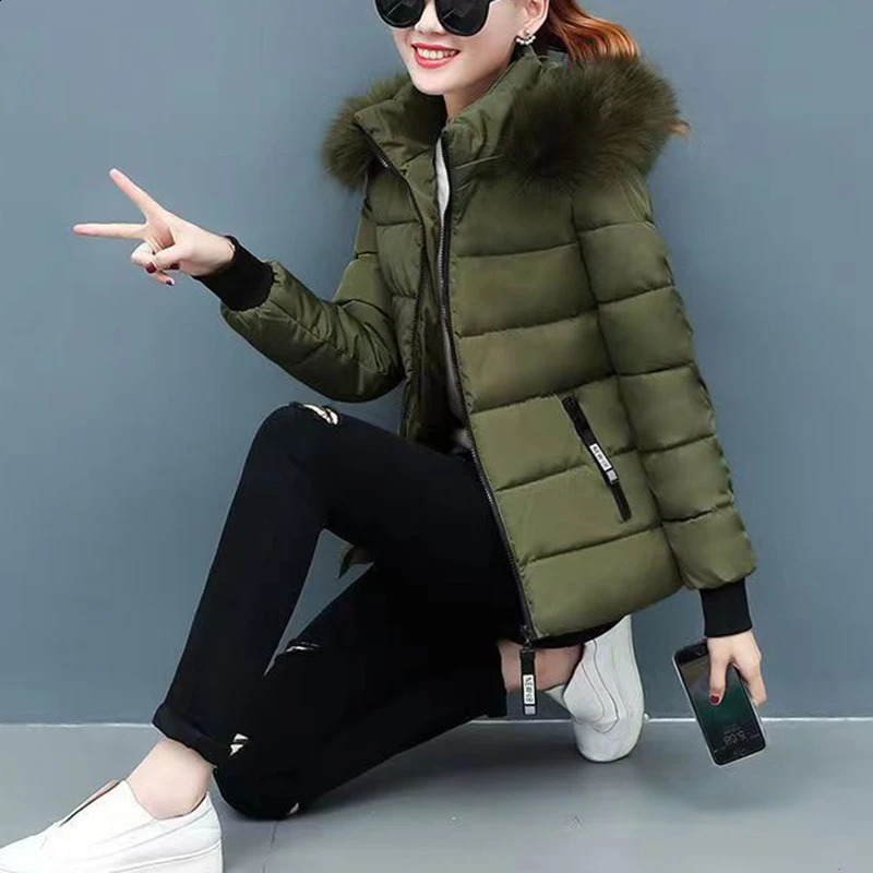 Zipper Fur Hooded Short Down Cotton Jacket Thickened Coat Fall Winter Casual Elegant Long Sleeve Warm Pocket Clothing 241120