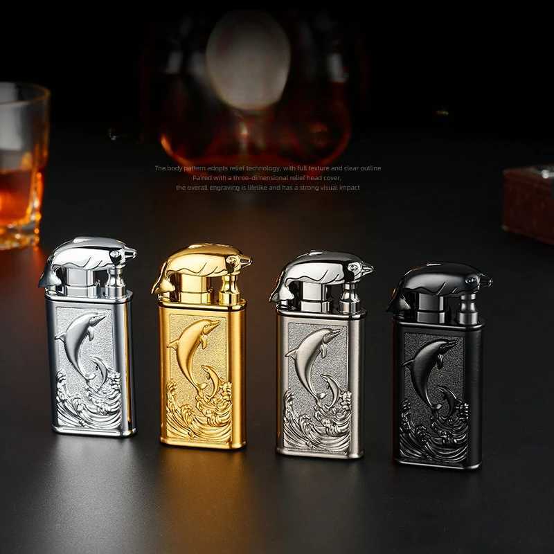Lighters Creative Embossed Shenlong Double Fire Gas Metal Flame Spray Tool Cigarette Lighter Trendy and Fashionable Men T240422 W260202