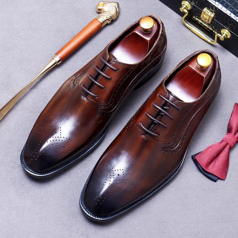 Casual Shoes Men's Oxfords Genuine Leather Brogue Brown Lace Up Wingtip Dress For Men Office Wedding Party Formal Footwear