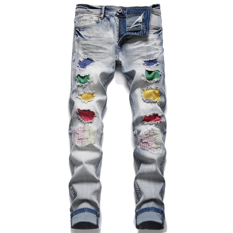 Drop Fashion Biker Jeans Mens Distressed Stretch Ripped Hip Hop Slim Fit Holes Punk Denim Cotton Pants 240415