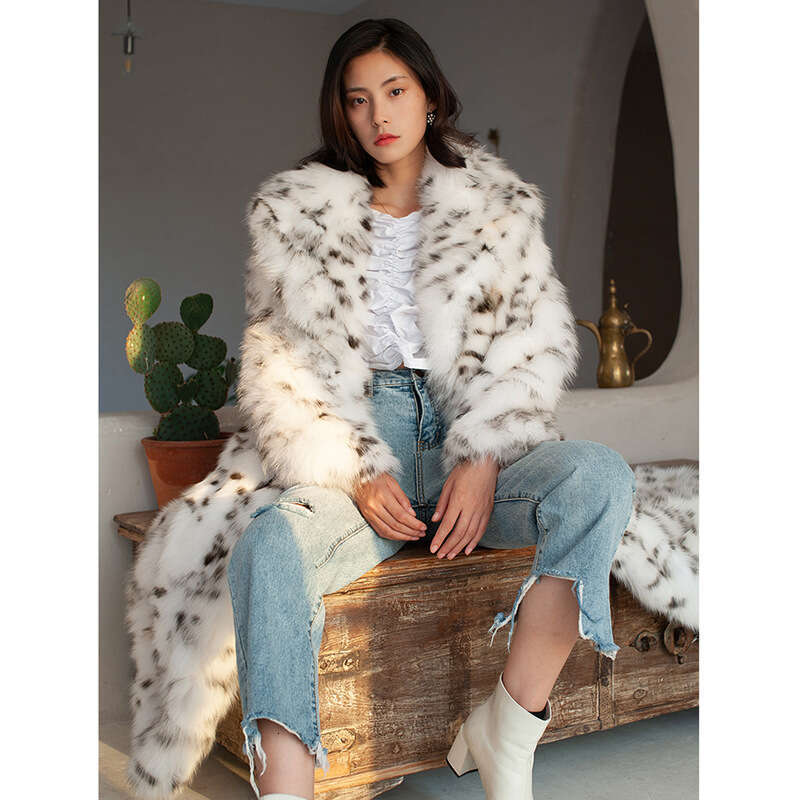 Women's coat imitates fox fur coat, black spot leopard print suit, long size plus winter warmth