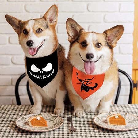 Halloween Bandanas 2 Pack, Nightmare Before Christmas Zero Dog Triangle Reversible Fall Pet Scarf, Adjustable Fit ( Face, Size