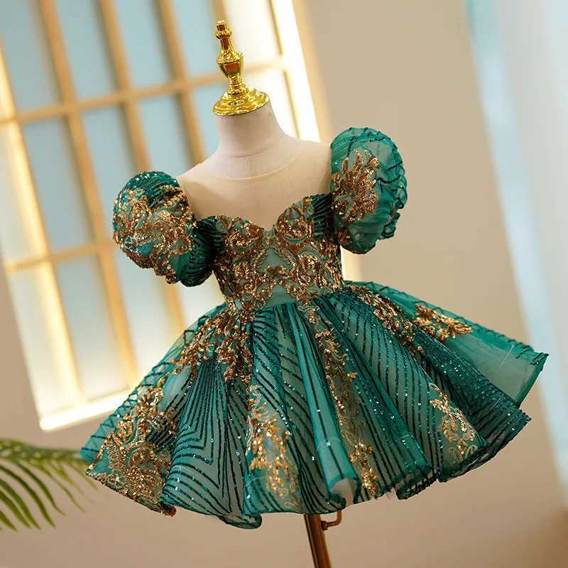 Childrens Luxury Party Green Gold Dress Suitable for Girls Sizes 1-12 Birthday Photo Shooting Dress Evening Dress Formal Lace Dress W241122