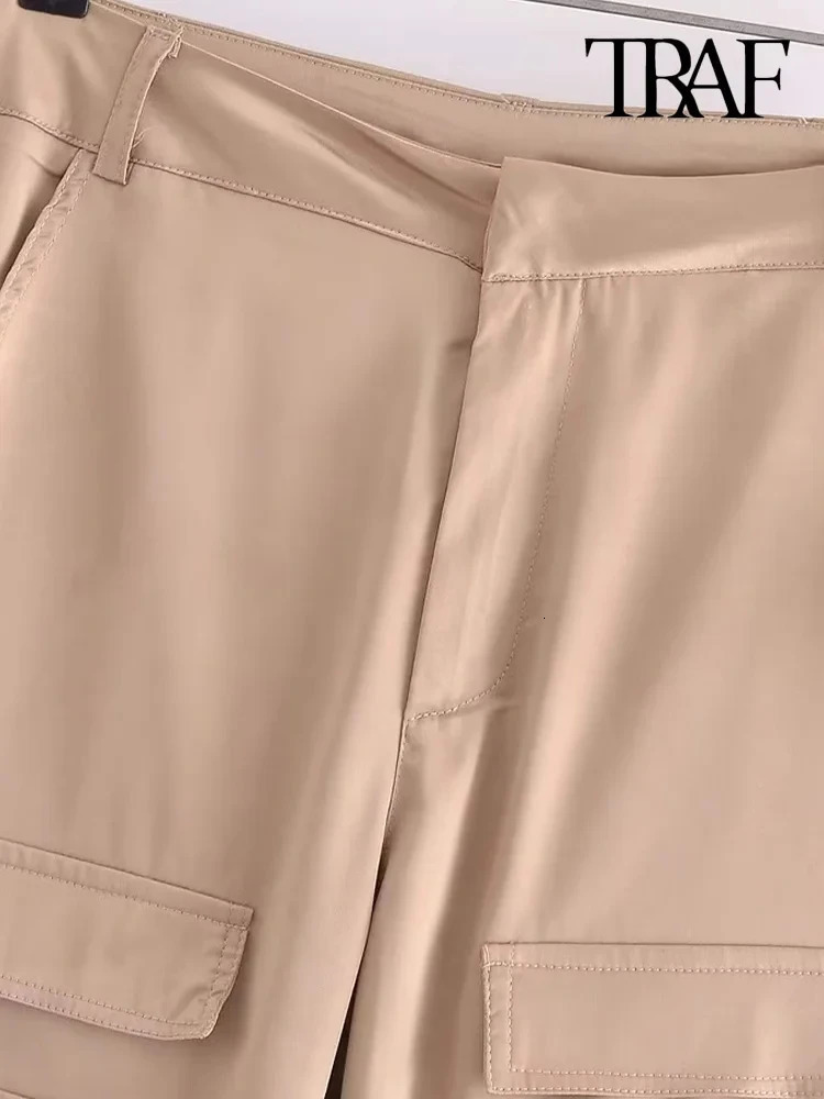TRAF Women Fashion With Pockets Satin Cargo Pants Vintage High Waist Zipper Fly Female Trousers Mujer 240420