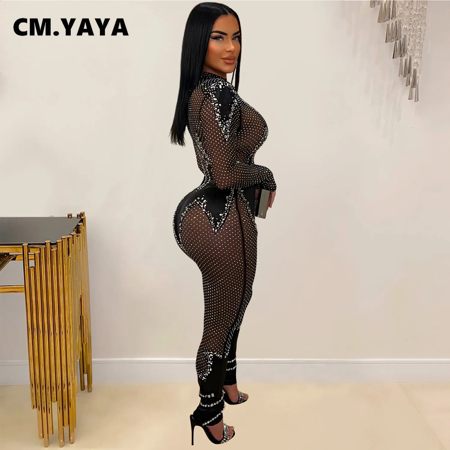 CMYAYA Women Fashion Mesh See Though Diamonds Rhinestones Sexy Party Club Jumpsuit One Piece Suit Romper Playsuits 241121 - view 3